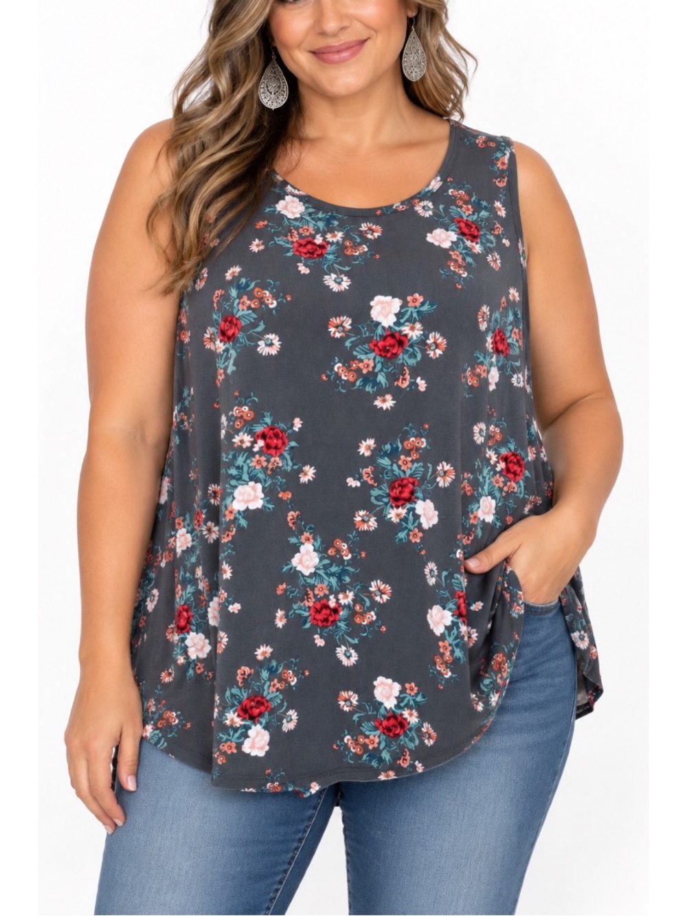Torrid grey floral crepe tank top with a stretchy fabric and a crew neck, 2x